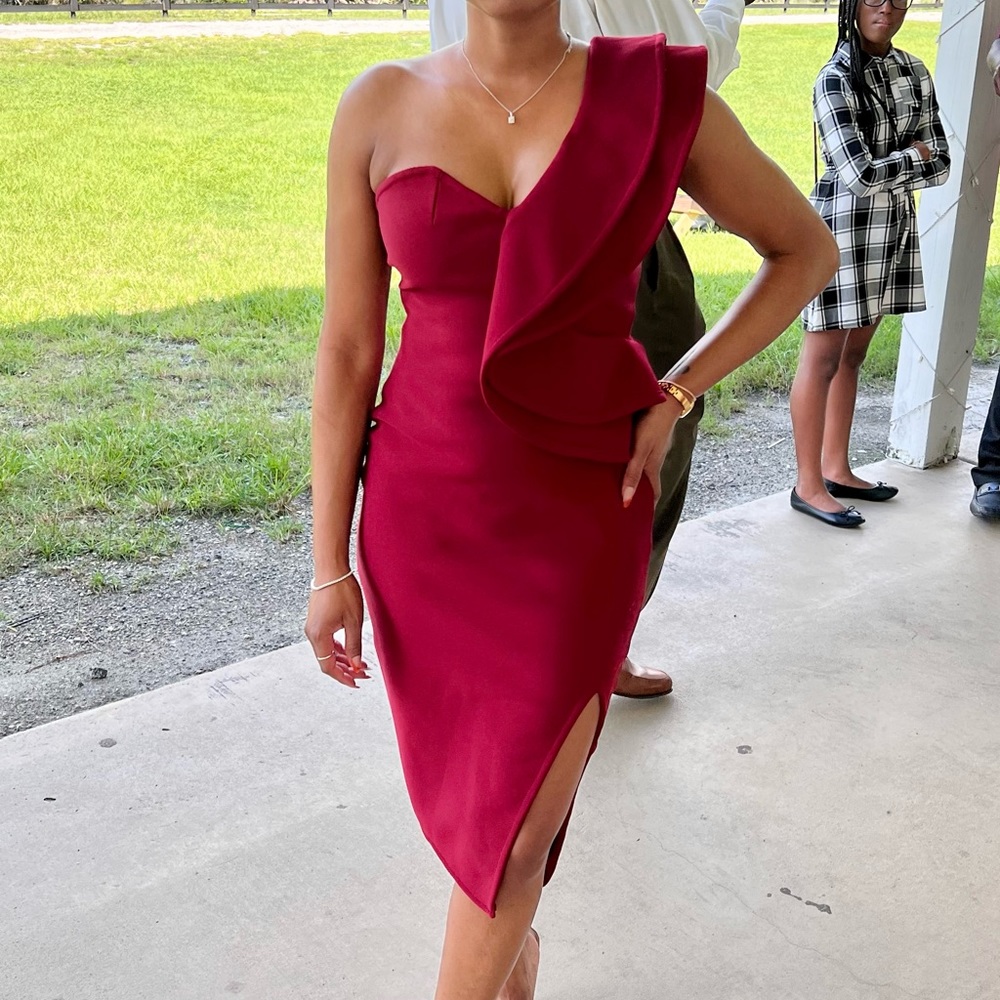 Wine colored Medium One Shoulder Bandage Zip back Dress